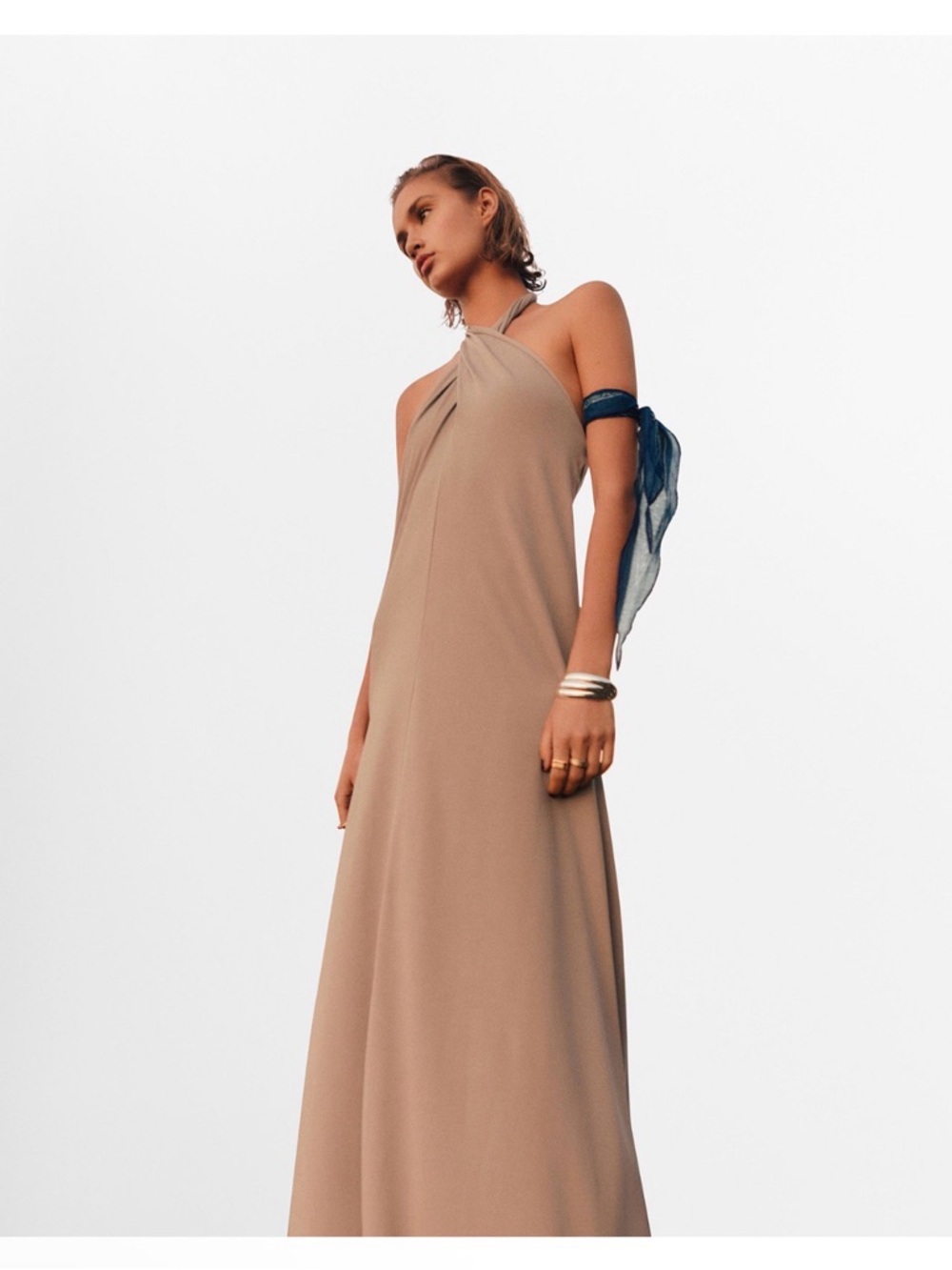 Mango Taupe Halter Maxi Dress with Twist Detail